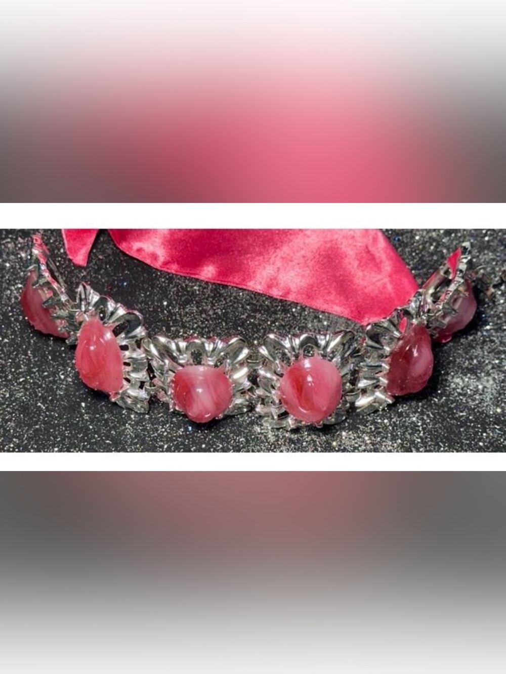 Rare Vintage Bracelet Pink Lucite Scarab Cabochons silver plated 7.5 inches